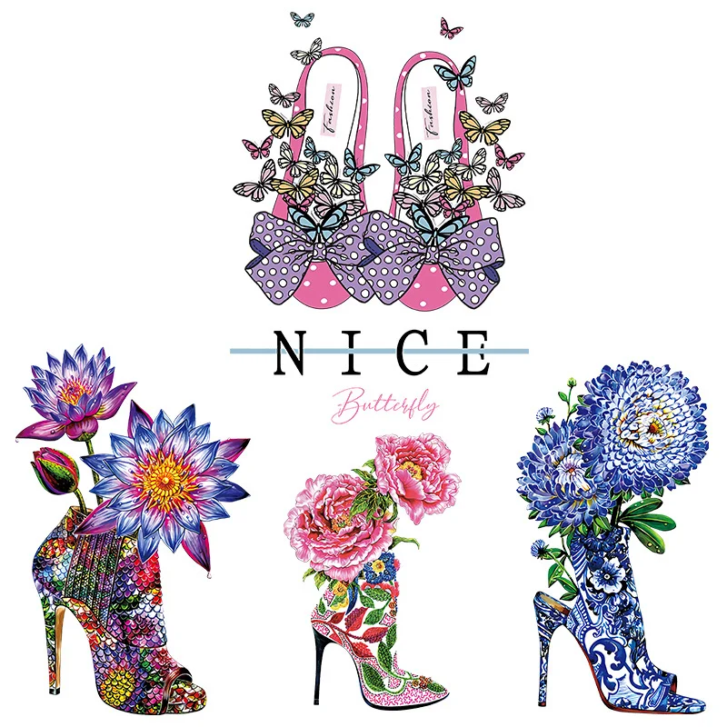 Butterfly Fairy High Heel Shoes Heat Transfer Vinyl Stickers For Clothes T-shirt DIY Applique Stickers