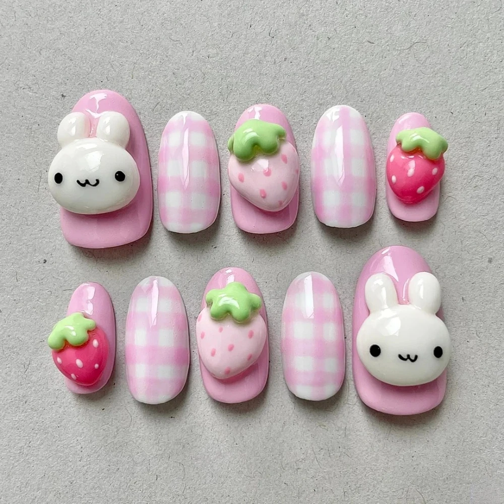 

10Pcs Handmade Manicure Medium Almond Fake Nails Cute 3D Rabbit Limited Nails Press On Nails Design with Adhesive Nail File Set