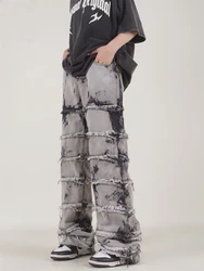 Jeans baggy droits effilochés pour hommes, pantalons de combat, pantalons en denim décontractés, pompon rayé, Hip Hop, Harajuku, Streetwear masculin et féminin, Fjj