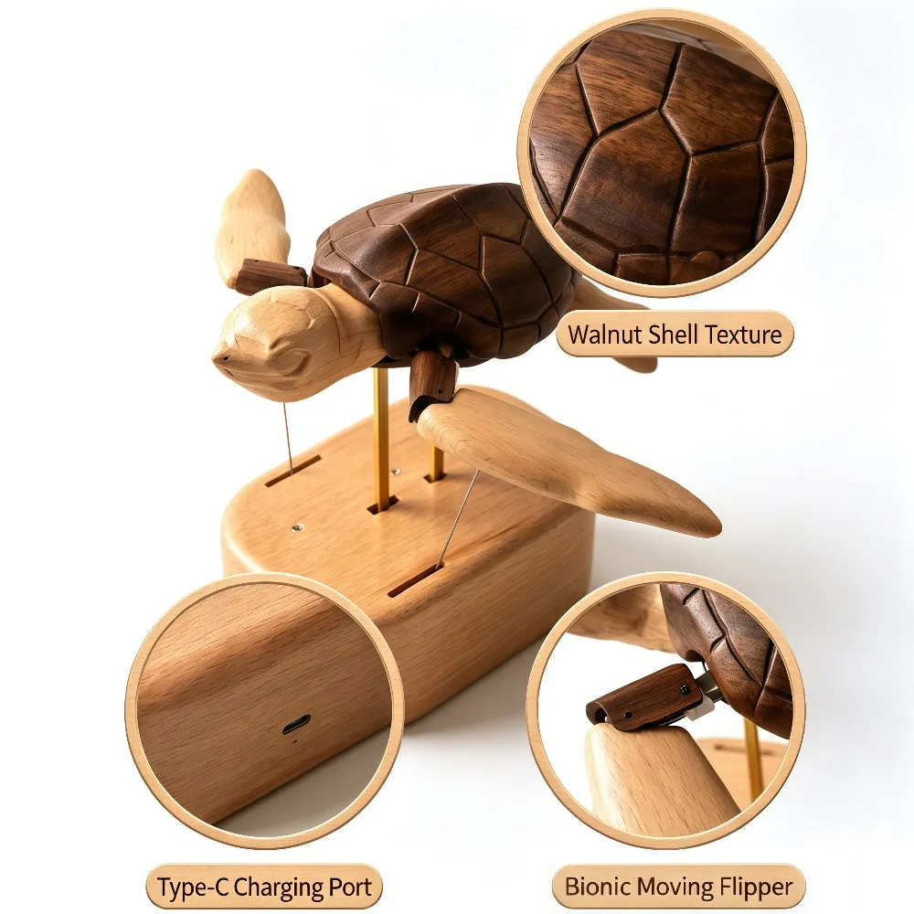 Kinetic Wooden Sea Turtle Model, Bionic Marine Animal Desk Ornament,Handcrafted Automaton,Natural Wood Art Piece Men Dad Husband