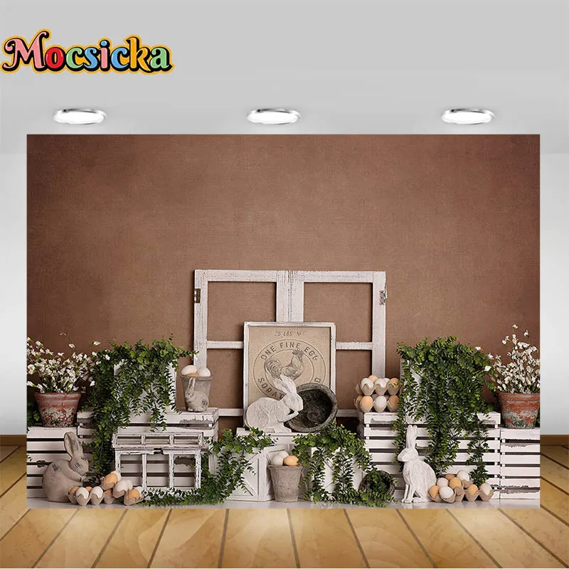 Easter Greetings Photography Backgrounds Bunny Eggs Greenery Brown Wall Children Spring Portrait Photo Backdrops Studio Props