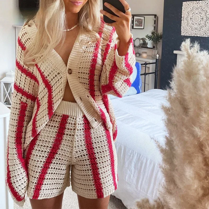 Sexy Hollow Out Long Sleeved Beach Suit 2024 Casual Striped Printed Knitted Two Piece Women\'s Lapel Button Up Shirt + Shorts Set