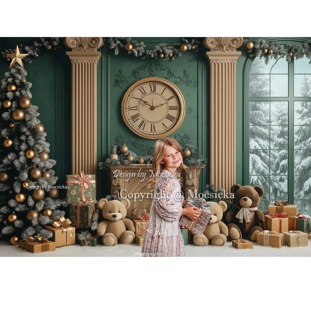 Mocsicka Vintage Green Christmas Room Background Photography Clock Xmas Tree Toy Bear Gift Backdrop Winter Kid Family Photobooth