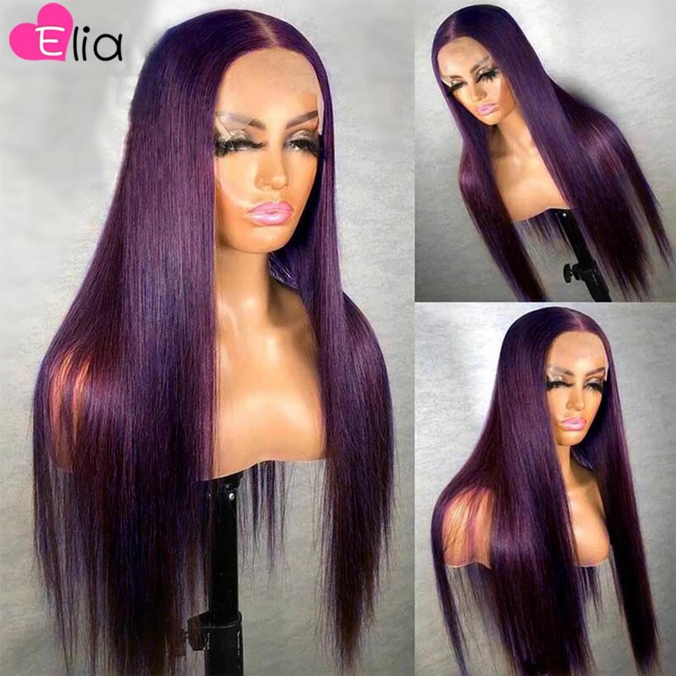 Elia Hair Dark Purple Human Hair Wig 30 Inches 13x6 Lace Frontal Human Hair Wigs for Women Remy Straight 13x4 Lace Front Wig