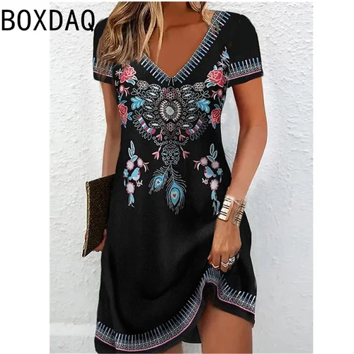 Vestido estampado de estilo étnico elegante Vintage en 3D, vestido informal de manga corta con cuello en V y corte en A hasta la rodilla