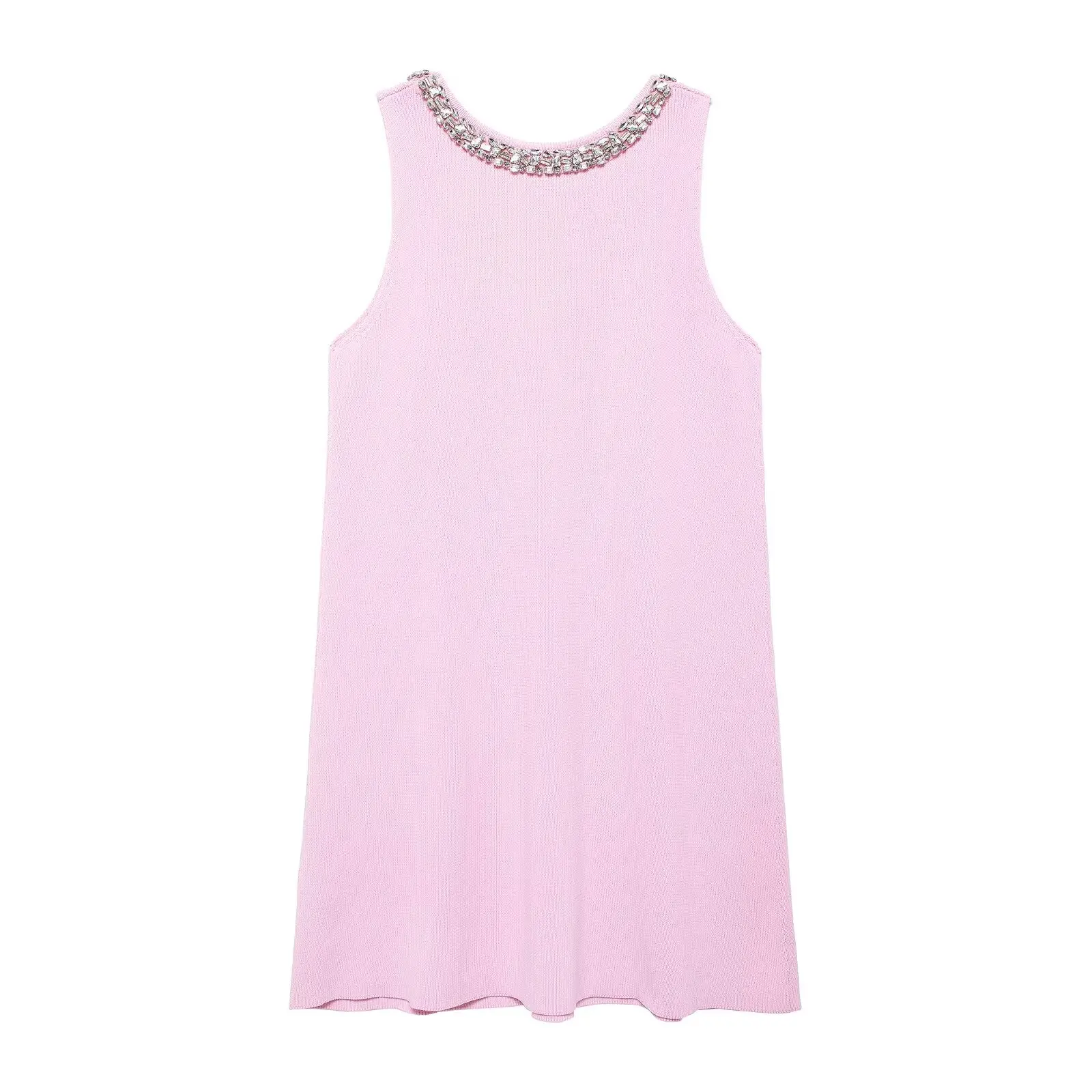 Tangada 2024 Women Pearl Pink Knitted Tank Dress Sleeveless Female Mini Dresses 3h0584