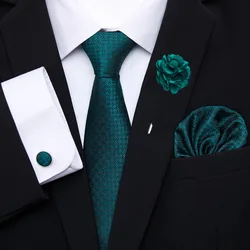 High Quality 7.5 cm Tie For Men Pocket Squares Cufflink Pin Set Bow Tie Clip Necktie Box Green Solid Fit Formal Party