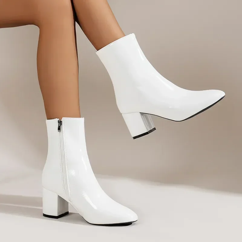 

White Ankle Boots for Women Side Zipper Stretch Middle Heel Large Size Short Boot Fashion Pointed Shoes Botas De Mujer 2024