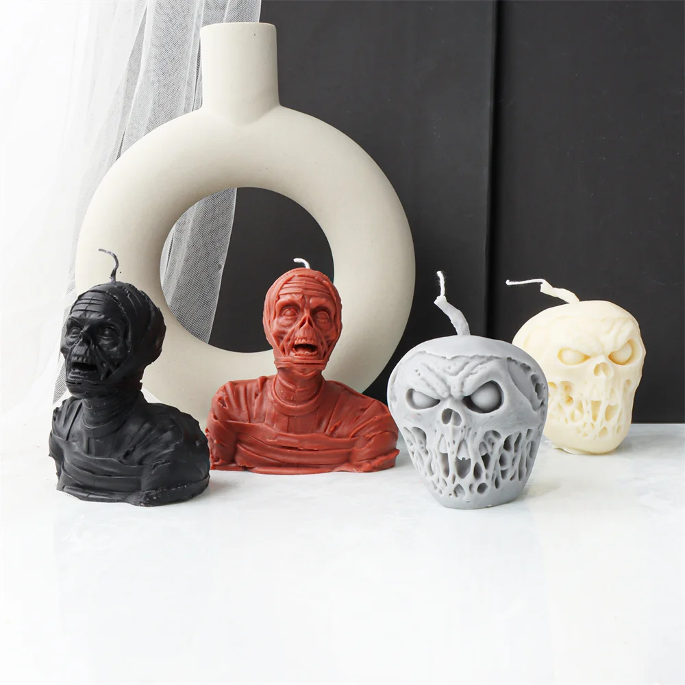 Stereo Apple Skull Candle Silicone Mold Halloween Malicious Death Mummy Gypsum Home Decor Pirate Pillar Epoxy Resin Mould