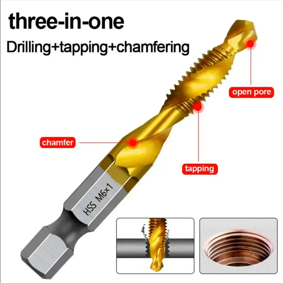 6pc High-speed Steel 4341 Titanium Plated Composite Tap Drill and Tap Integrated Machine Tap Open and Chamfer Tool Set