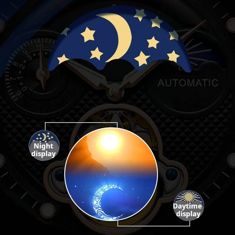 ساعة ميكانيكية أوتوماتيكية على الموضة للرجال ساعات من أفضل العلامات التجارية الفاخرة من الجلد مرحلة القمر ساعة يد توربيون أصلية Reloj Hombre
