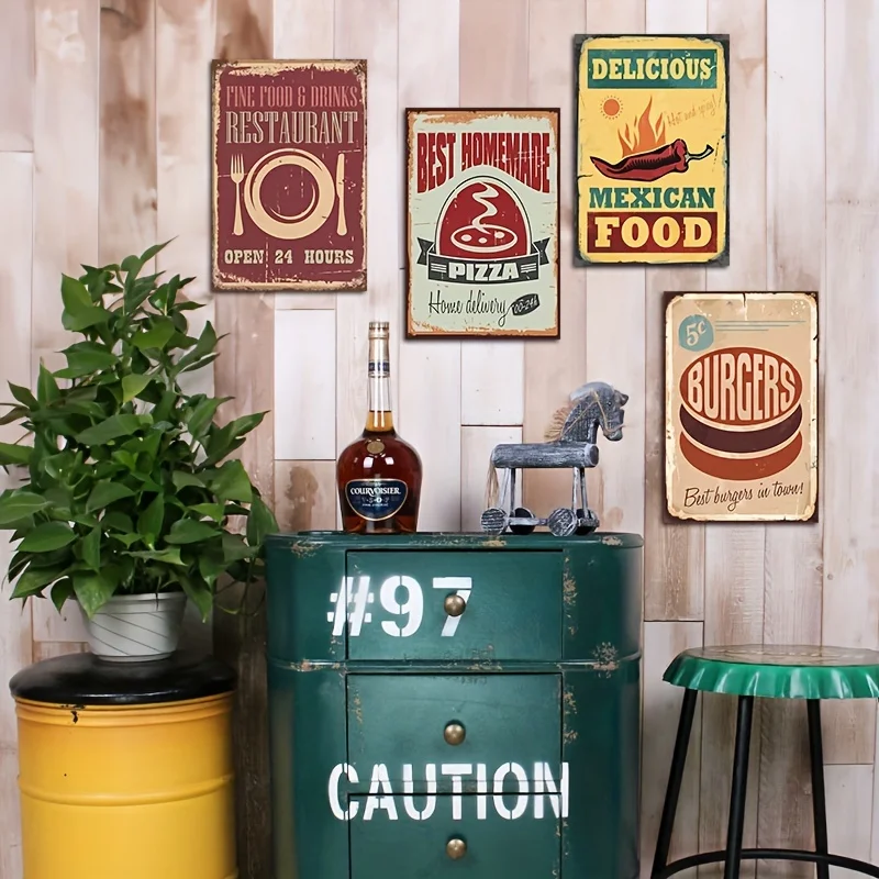 4pcs Vintage Metal Tin Sign Set, Delicious Food, Burger, Pizza, Mexican Cuisine Vintage Plaque, 30x20 Cm, For Home, Bar, Kitchen