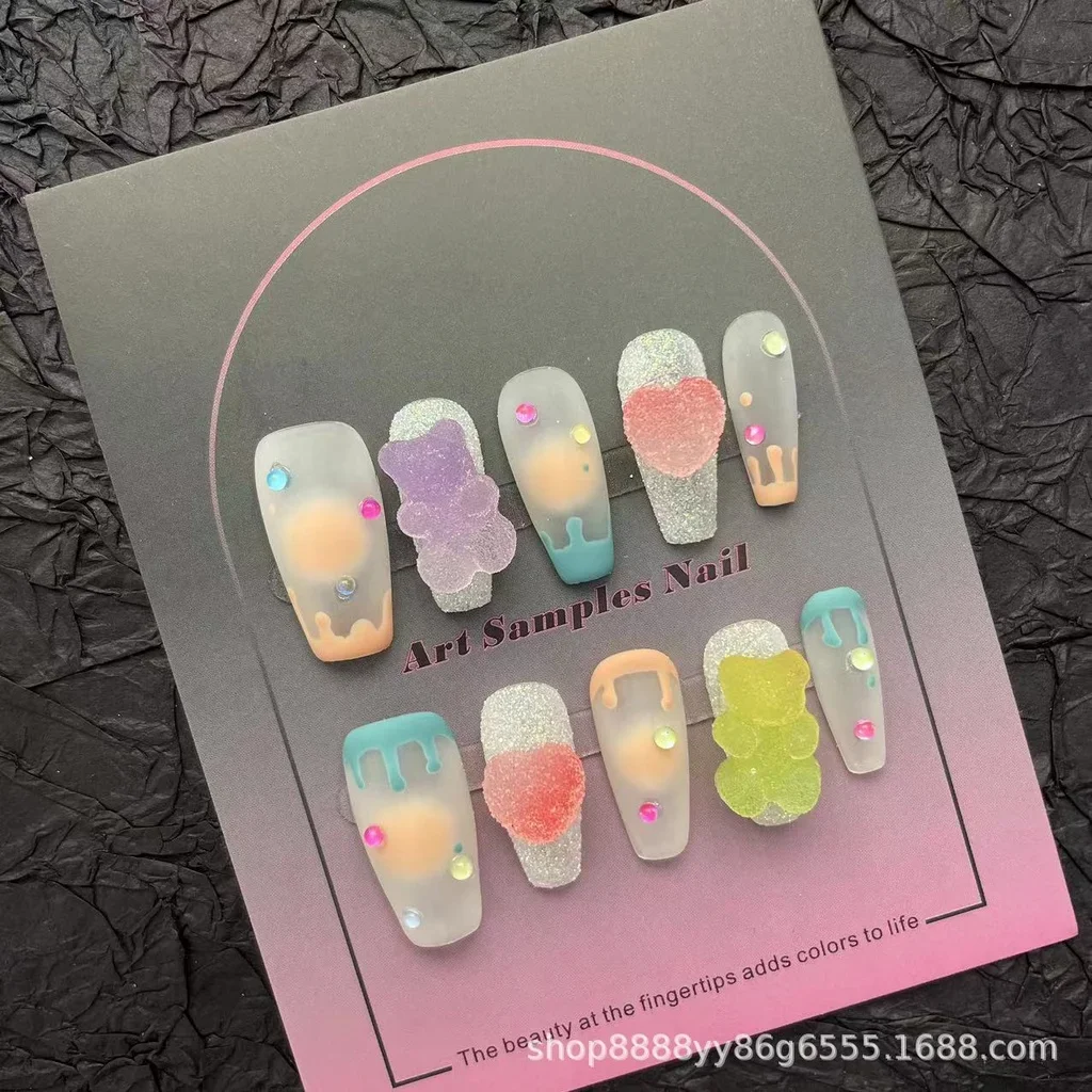 Sweet Y2K Fake Nails Dopamine Bear Gummy Handmade Wearable Nails Cute Sugar Bear Nail Art Removable Nail Patches