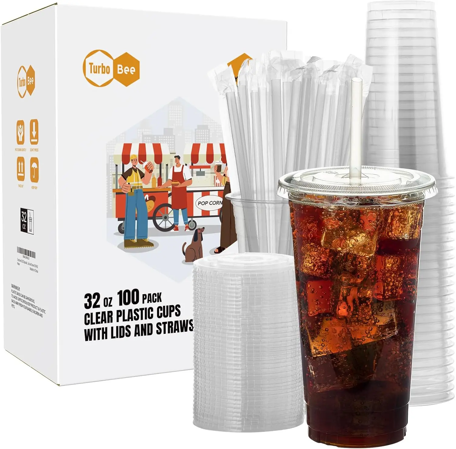 

100 Sets 32 OZ Clear Plastic Cups with Lids and Straws, Disposable To Go Iced coffee cups with lids for Cold Drinks, S