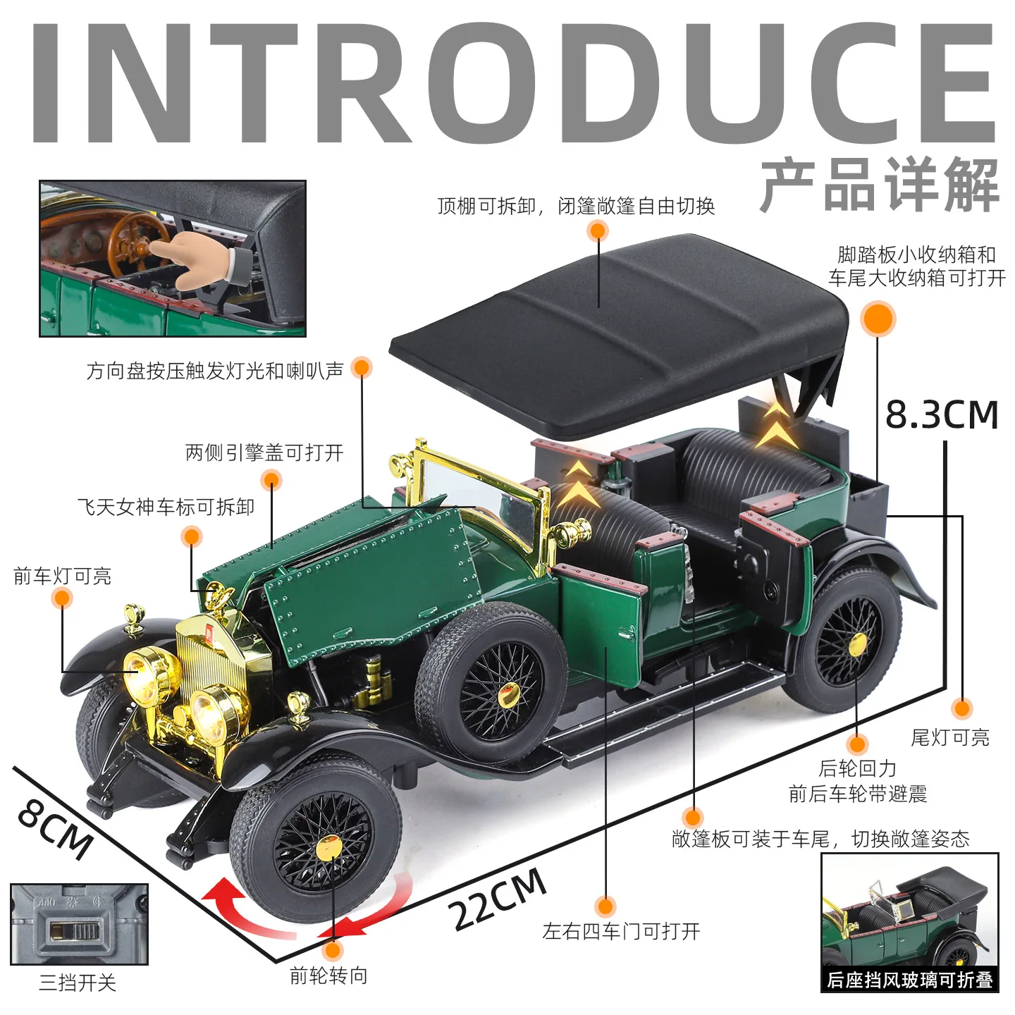 1:24 Rolls-Royce Phantom 1th 1925 Mobil Antik Model Mobil Diecast Paduan Logam dengan Suara dan Lampu Mainan Anak Koleksi Hadiah Ulang Tahun