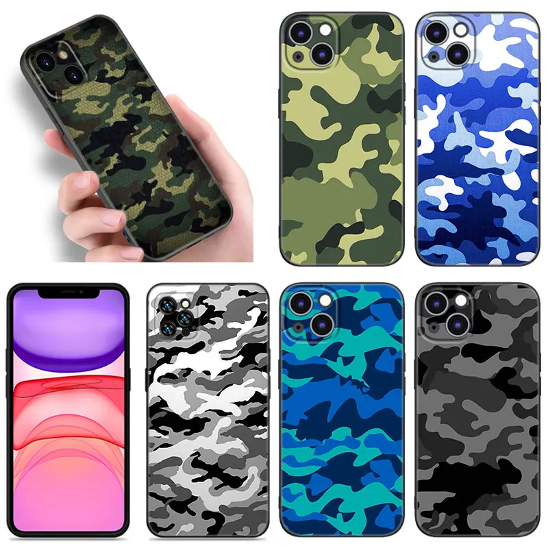 Camouflage Camo Military Black Silicone Phone Case For Apple iPhone 12 13 Mini 11 14 15 16 Pro Max 7 8 Plus