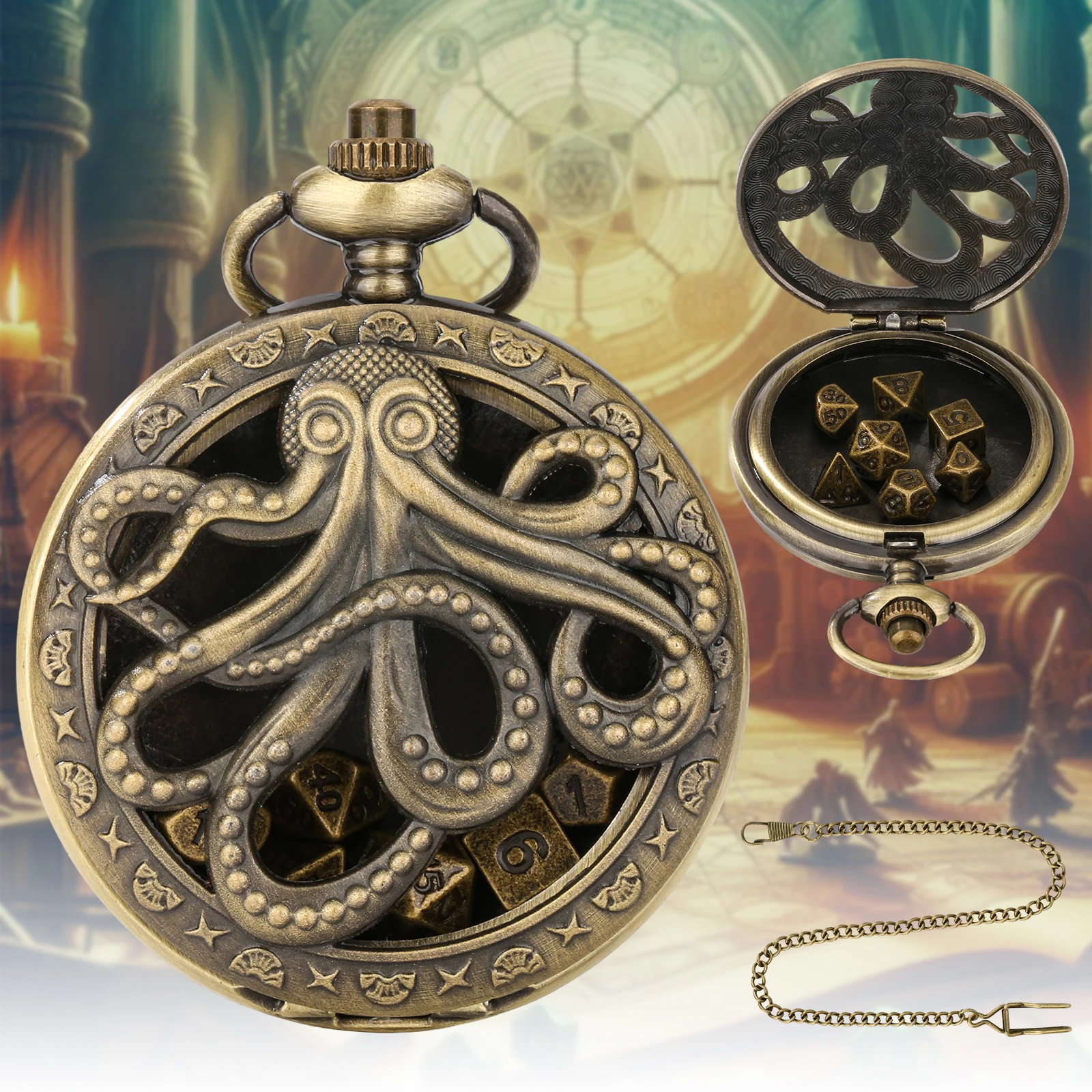 Vintage Bronze/Dark Gray Octopus Design Pocket Watch Case with 7 Dices Souvenirs Gift Entertainment Game Dice