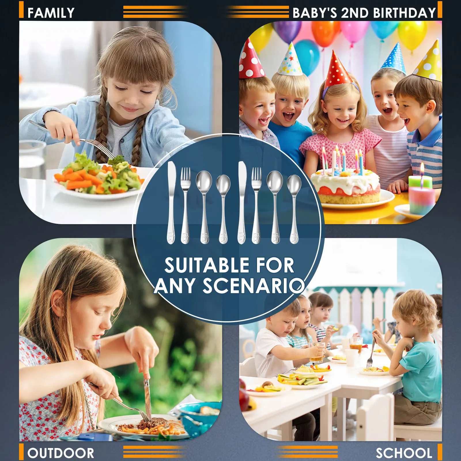 16 قطعة الفولاذ المقاوم للصدأ الاطفال الفضيات مجموعة الكرتون الدب الصغير طفل عشاء مجموعات مجموعة كاملة سكين شوكة ملعقة عيد الميلاد أدوات المائدة #6