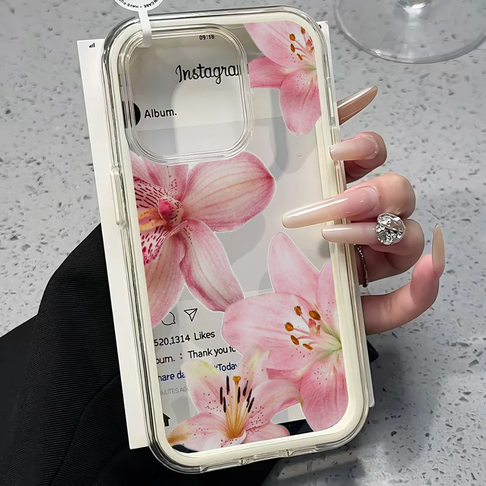 Funda Transparente con Diseño de Flor de Lirio Rosa para iPhone 17 11 12 14 13 16 15 Pro Max 17 Air XR X, Funda de Silicona 2 en 1, Antigolpes y Suave