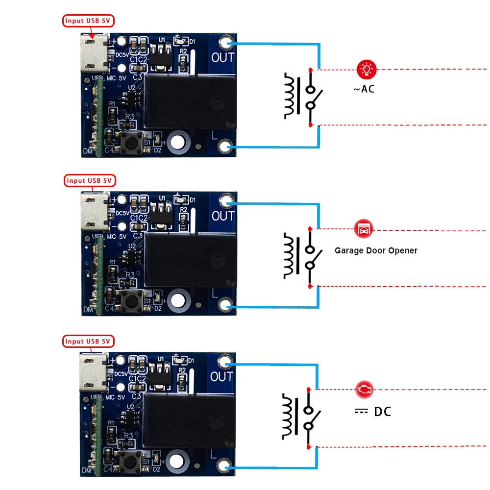 Mini WiFi Interruptor Inteligente, DC 5V, Controle USB, 2.4G, 1 Canal, Módulo Receptor de Relé Sem Fio, EWelink App, Interruptor de Luzes LED