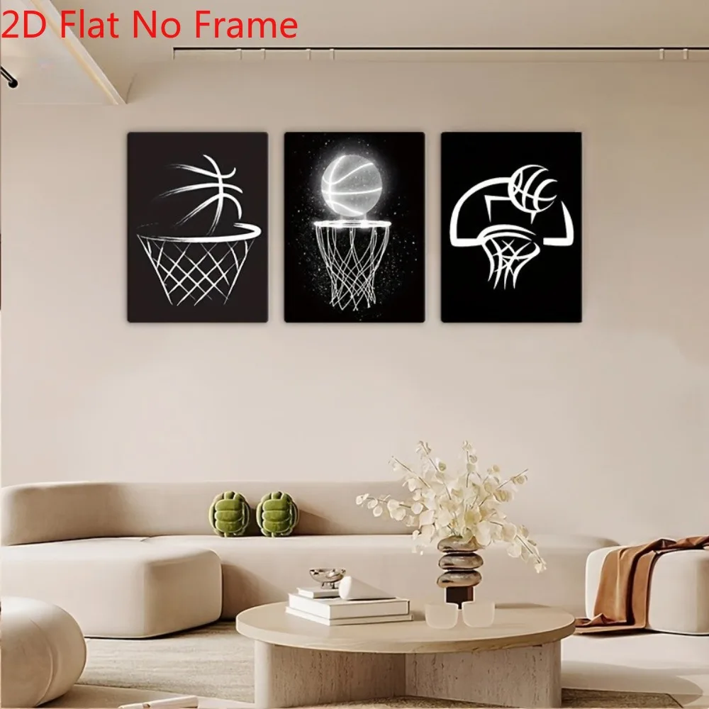 （NoFrame 3PCS)-2D Flat, 3pcs, 2D Flat, Frameless Neon Basketball-Themed Poster Set, Dreamy Decor, Perfect Gift for Office, Li