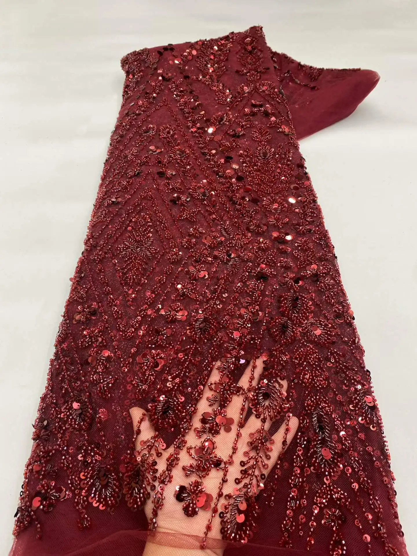 Luxury African Sequins Lace Fabric 5 Yards Lace Beaded Tulle Lace Fabric Embroidered Nigeria Fabric for Wedding Dress