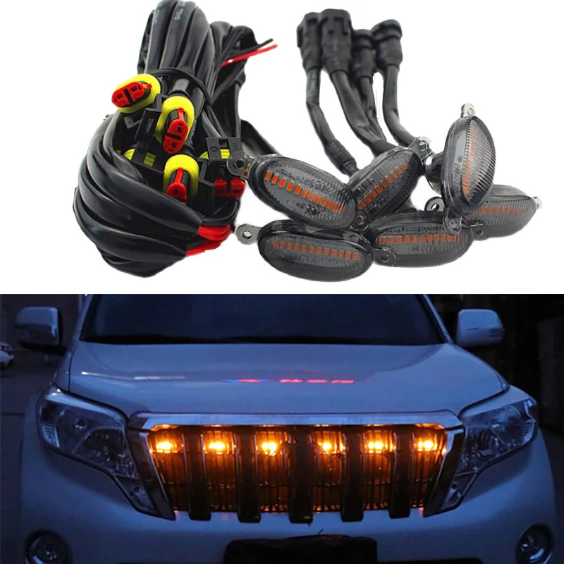 12LED Car Front Grille Light Smoked Amber Grill Light Raptor Style Day Light Replacment for Pickup Off-road SUV Ford Toyota