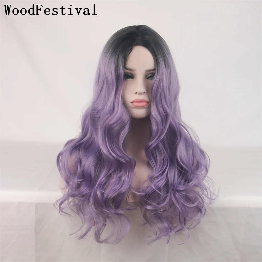 WoodFestival Wigs For Women Synthetic  Hair Long Wavy Pink Cosplay Wig Purple Blonde Mint Green Black Blue Brown Grey Lolita