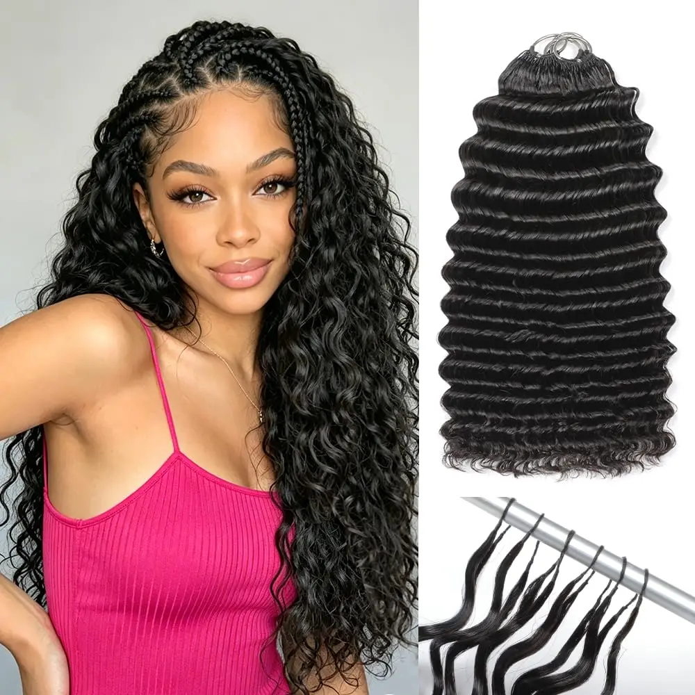 Miracle Knots Hair 30 pouces 300g Cheveux humains ondulés profonds pour femmes noires, extensions de cheveux humains au crochet effet plume, sans nœuds, pré-séparées, pour tresses, noir naturel