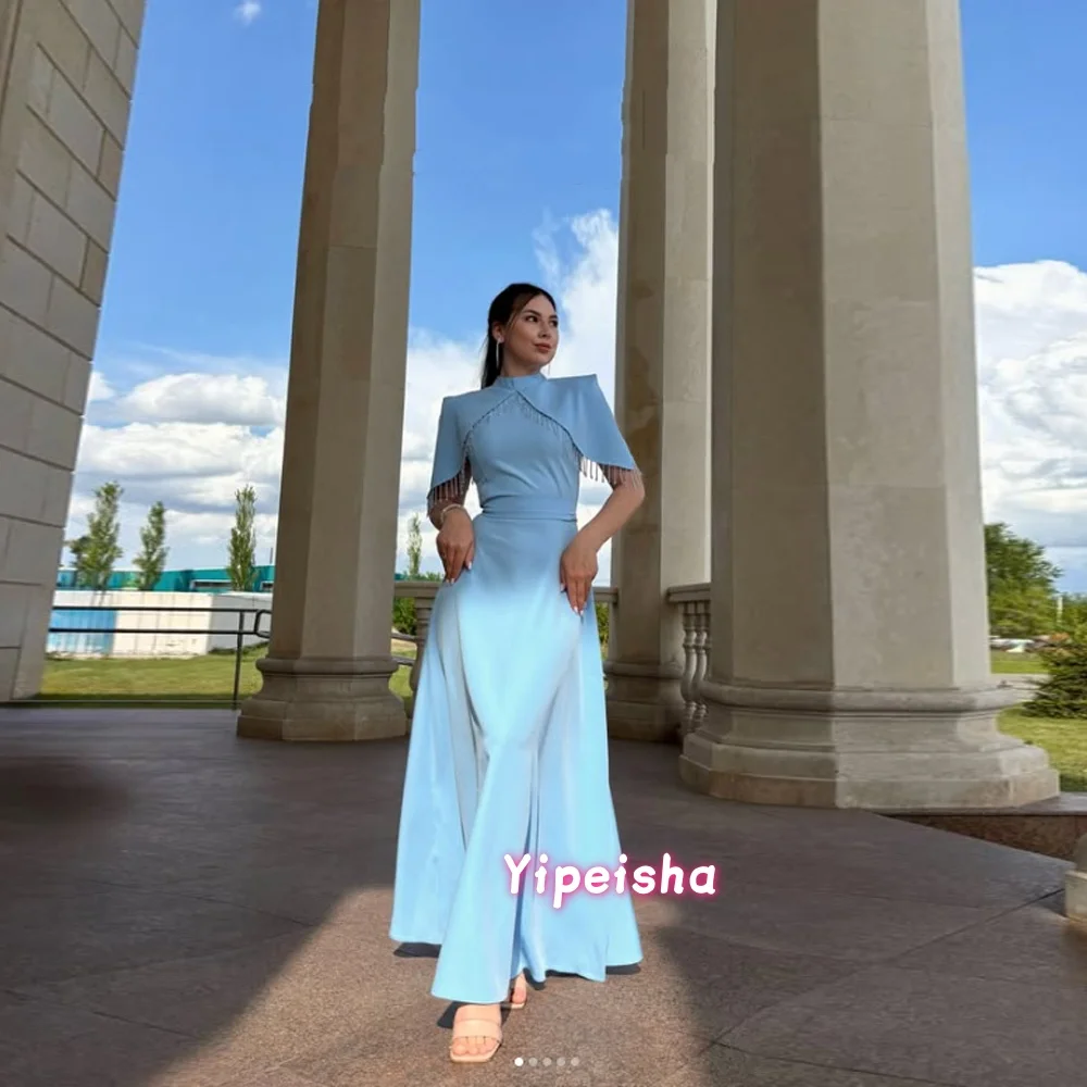 

Customized Short Sleeves Prom Dresses High Neck Cocktail Party Tassels Evening Dress Floor Length Party Dresses