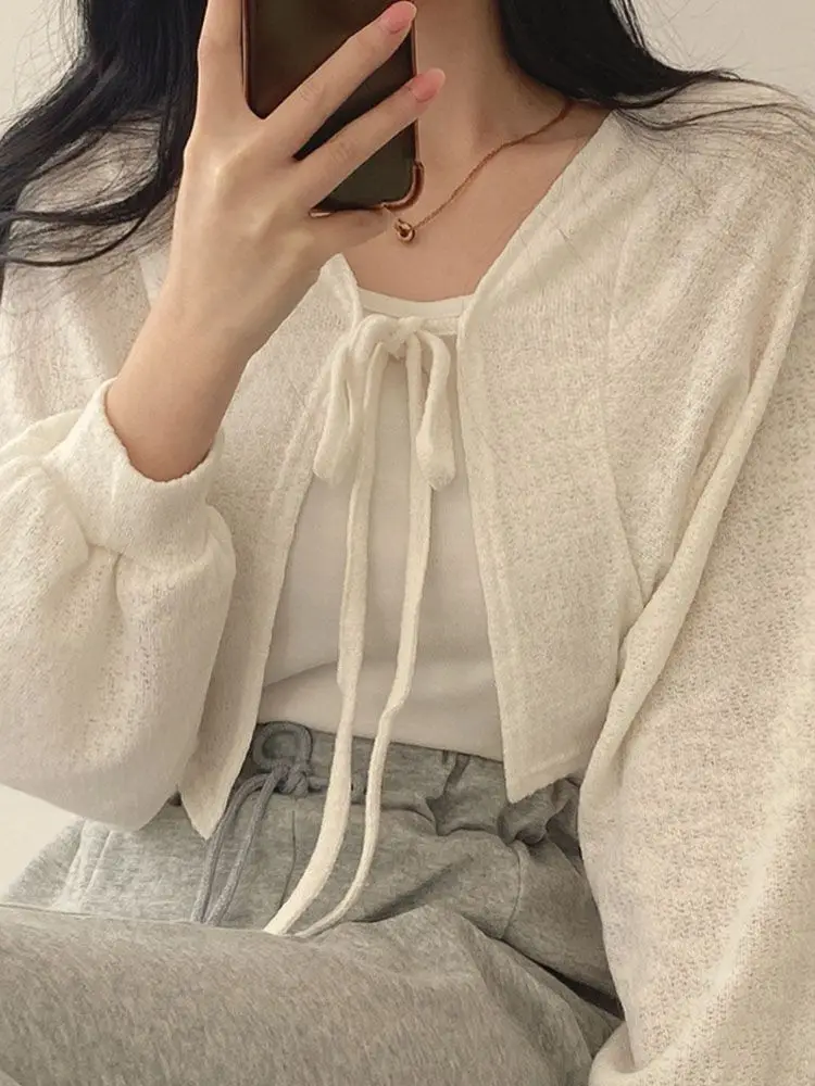 Thin White Cardigan Women Autumn Sunscreen Lace-up Knitwear Tops Lady Korean Style Casual Lantern Sleeve Short Sun Protected Top