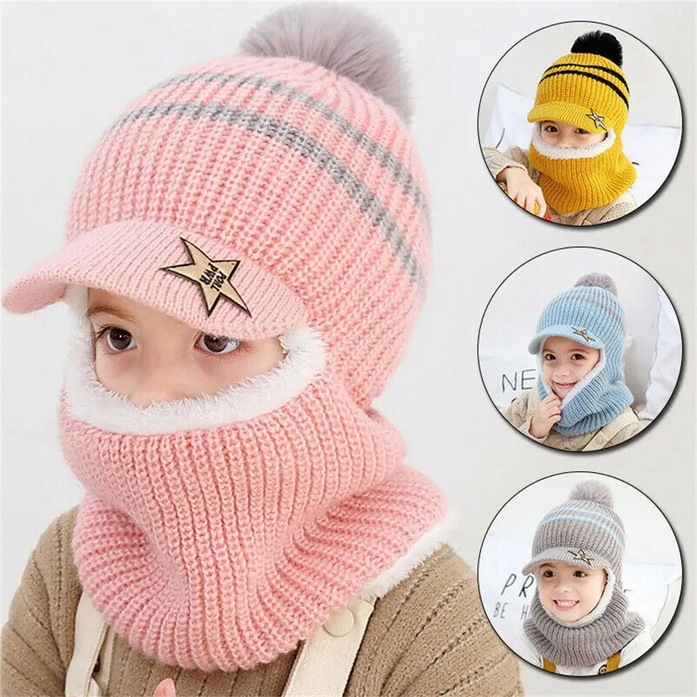 Windproof Winter Warm Face Guard Knitted Cap Fleece Lining Hooded Scarf Earflap Kids Hat