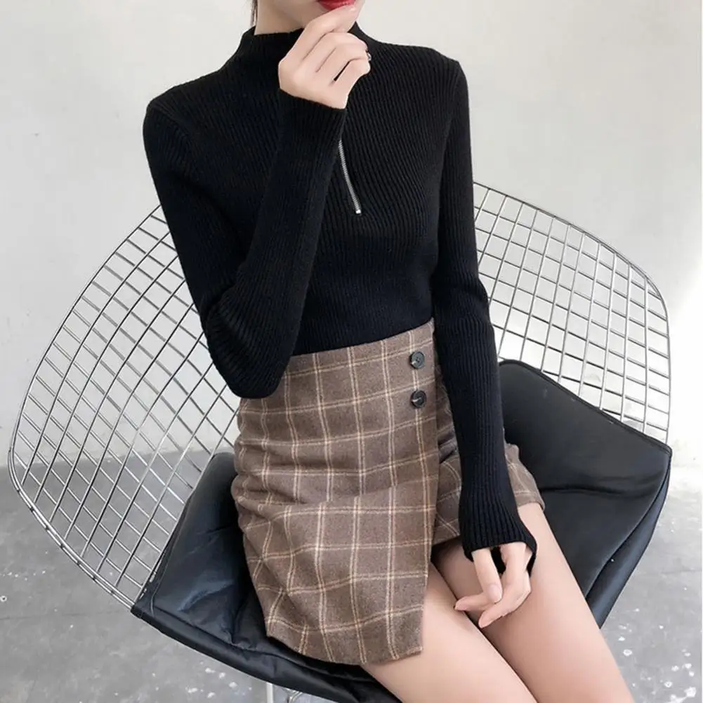 Half Turtleneck Women Sweater Long Sleeve Zipper Neckline Knitted Pullover Female Sweater Slim Basic Knitted Tops Korean Jumpers