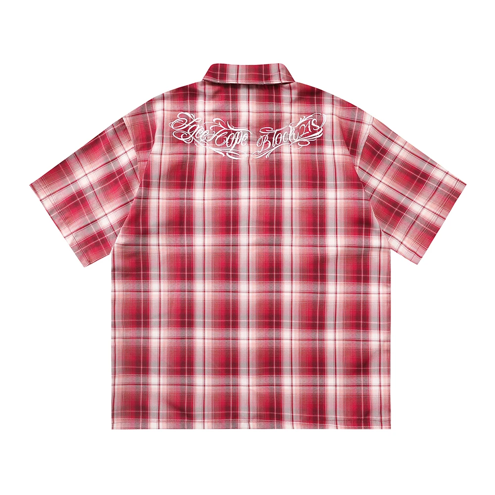 Harajuku Summer Letter Eembroidery Short Sleeve Plaid Shirt for Men Patchwork Short Sleeve Baggy Checkered Top Tees Oversized