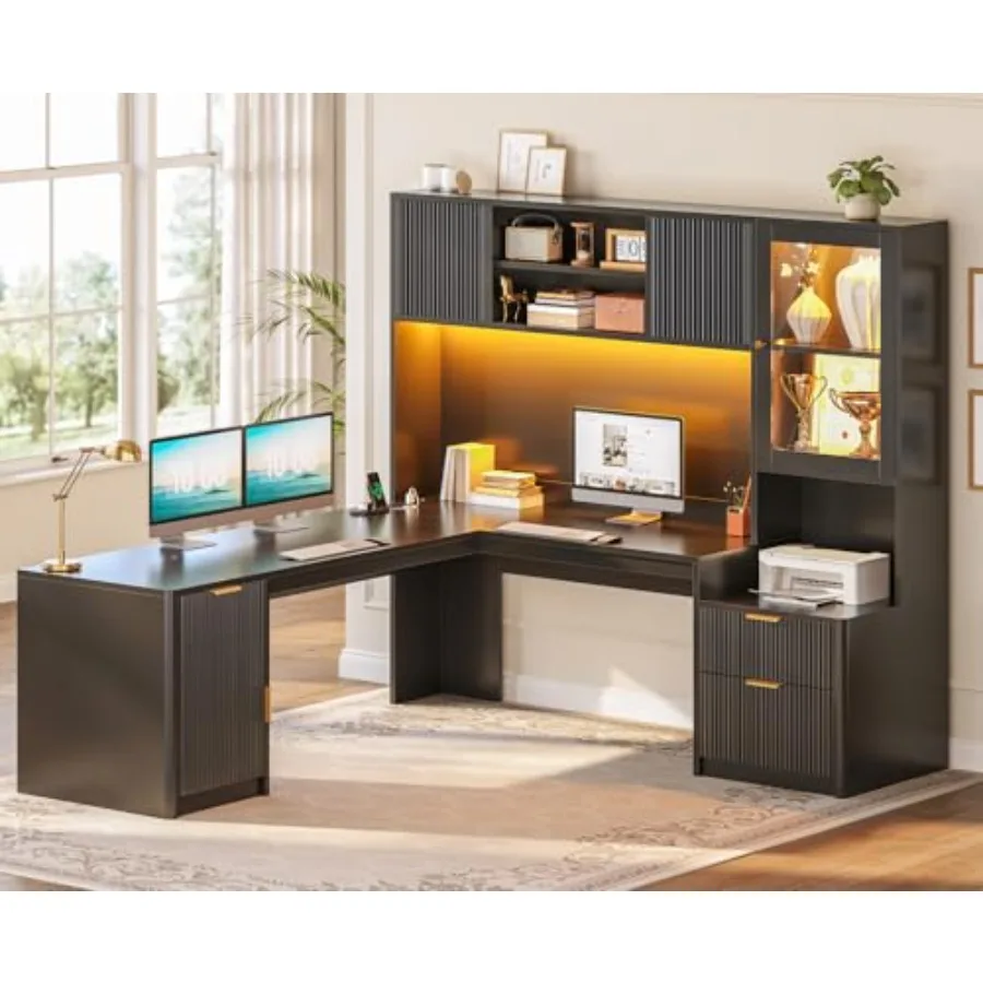 RGB LED corner computer desk for gaming working, fluted MDF with tempered glass display cabinets, black finish, includes hutch,