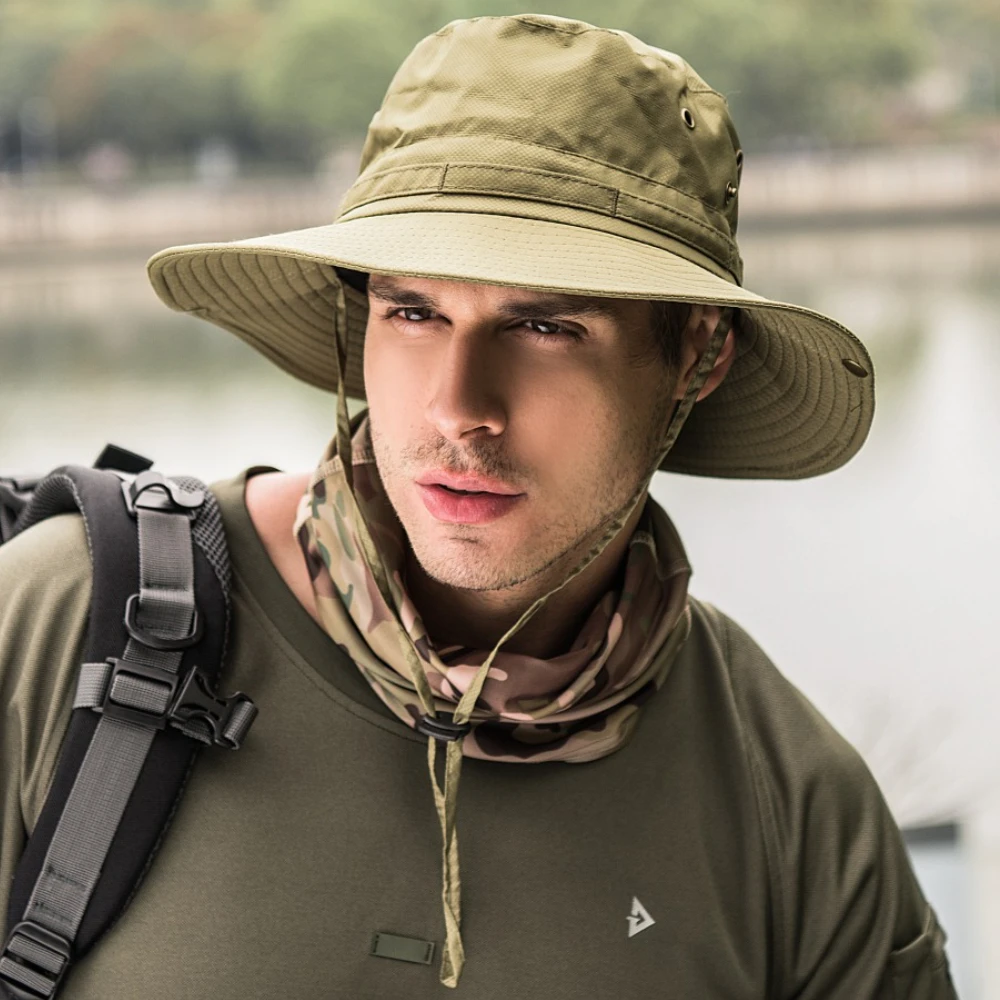 Bucket Hat for Men Solid Color Big Brim Fishing Cap Waterproof Outdoor Camping Hiking Fisherman Hat Gorra Couple Anti-UV Sun Cap