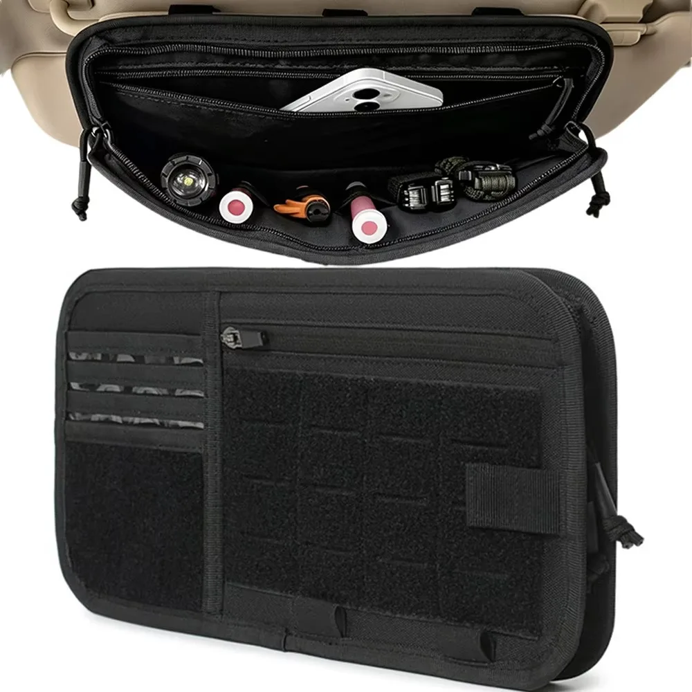 Car Sun Visor Organizer Molle Panel with Zipper Storage Pouch Tactical EDC Holder Utility Admin Modular Pouch for Truck SUV