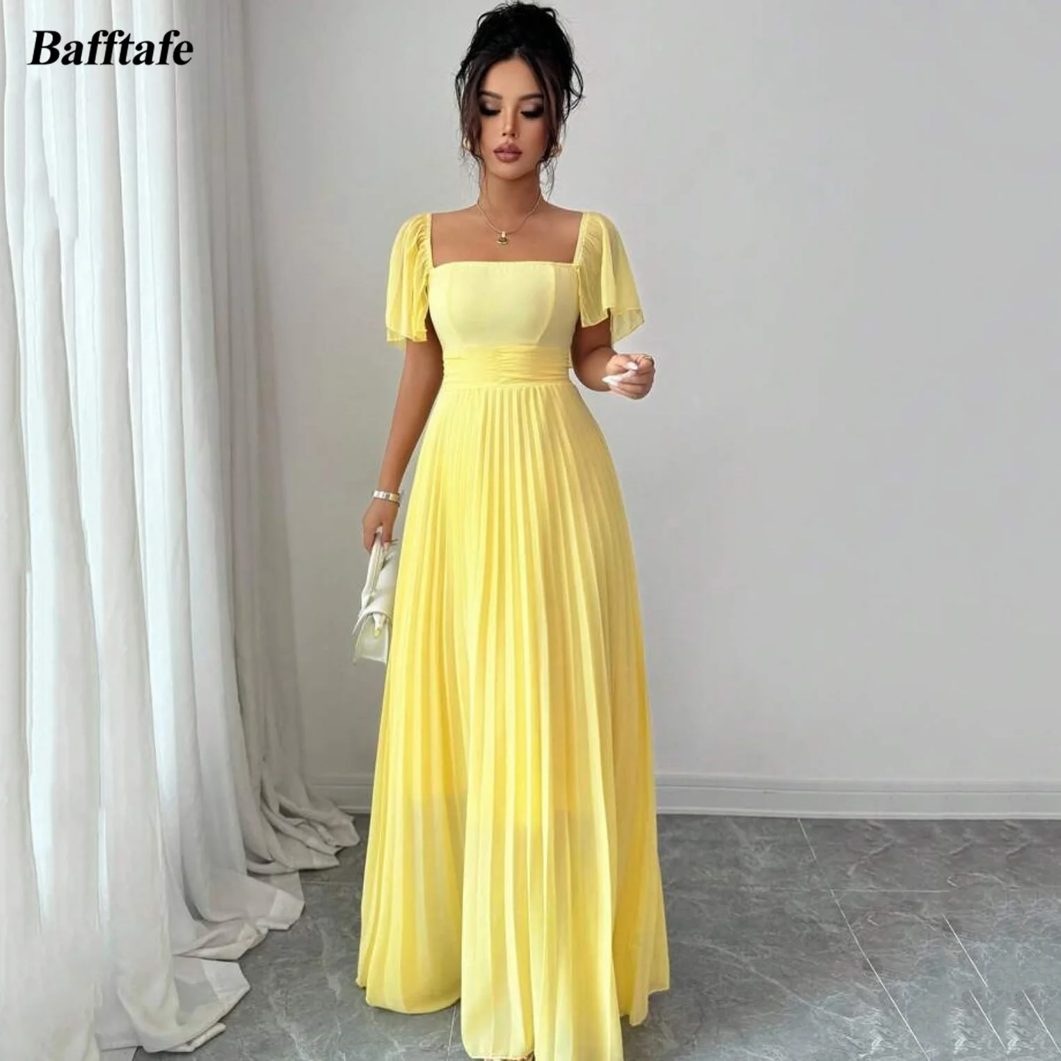 

Bafftafe Yellow Crumpled Chiffon Evening Dresses Customized Square Short Cap Sleeves Women's Formal Party Red Carpet Prom Gowns
