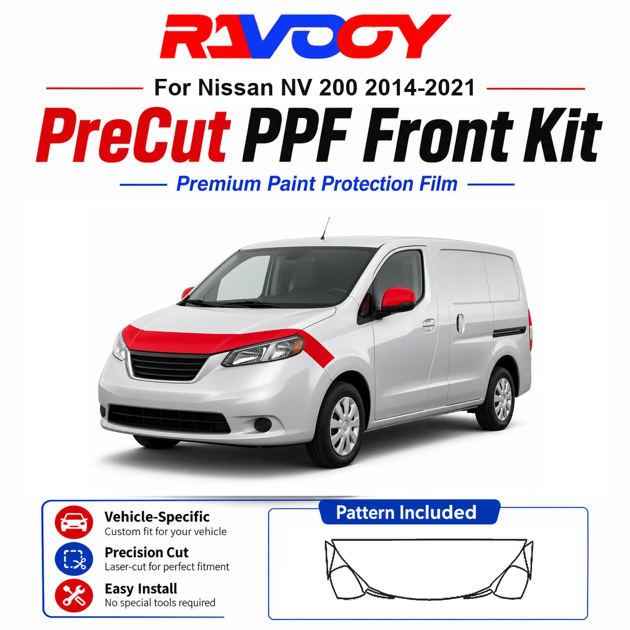 日産nv200-2014-2021用-85mil-tpuプレカットppfキット-フード、フェンダー、ミラーセット-自己修復クリアブラフィルム