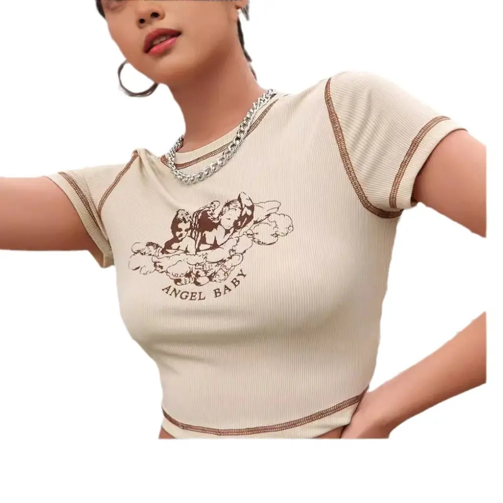 

Women's Slim-fit round Neck T-shirt Short-Sleeved Printed Navel Design European And American-Style Summer Top