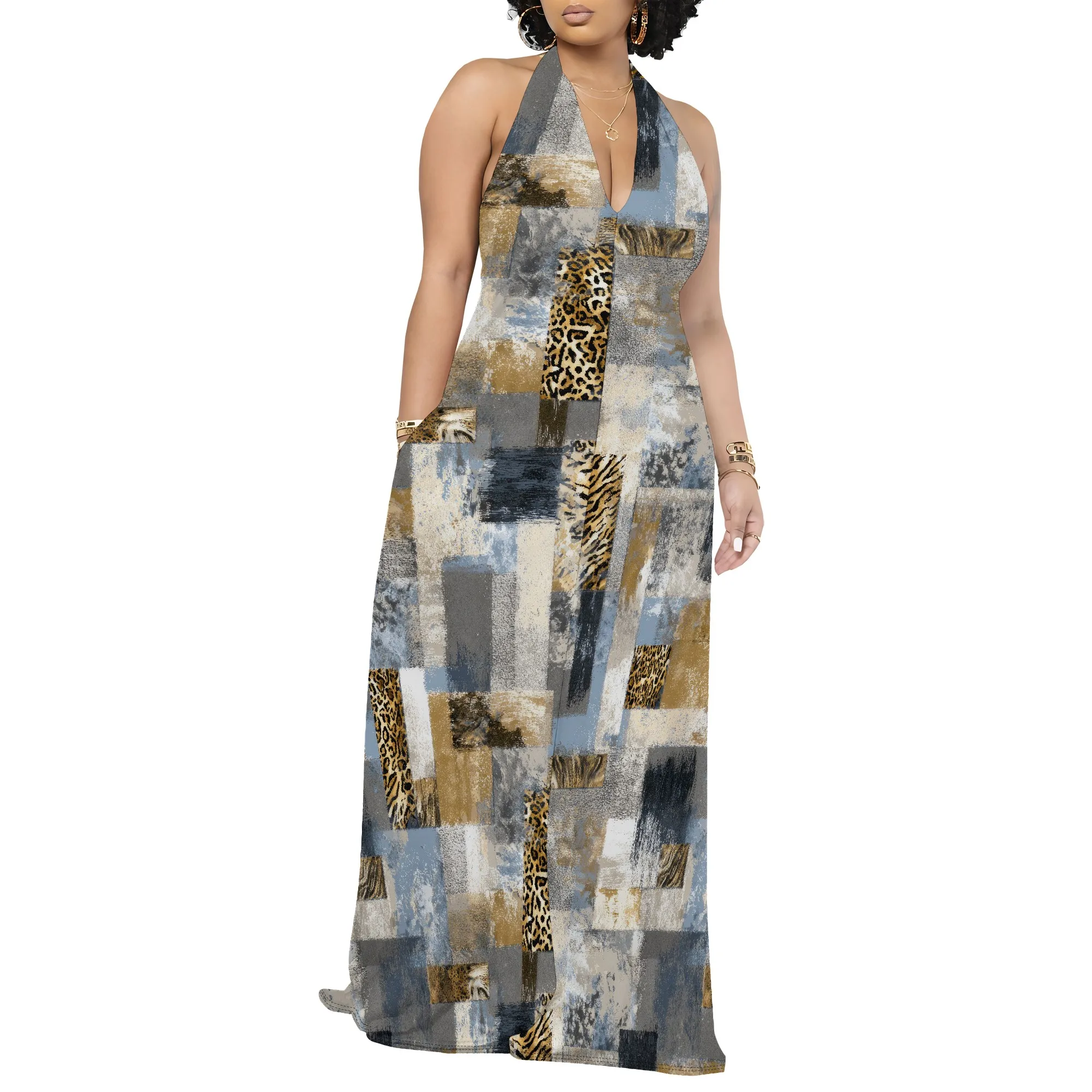 

Women's Floral Print Mesh Halter Bodycon Dress Cowl Neck Tie Backless Maxi Dresses