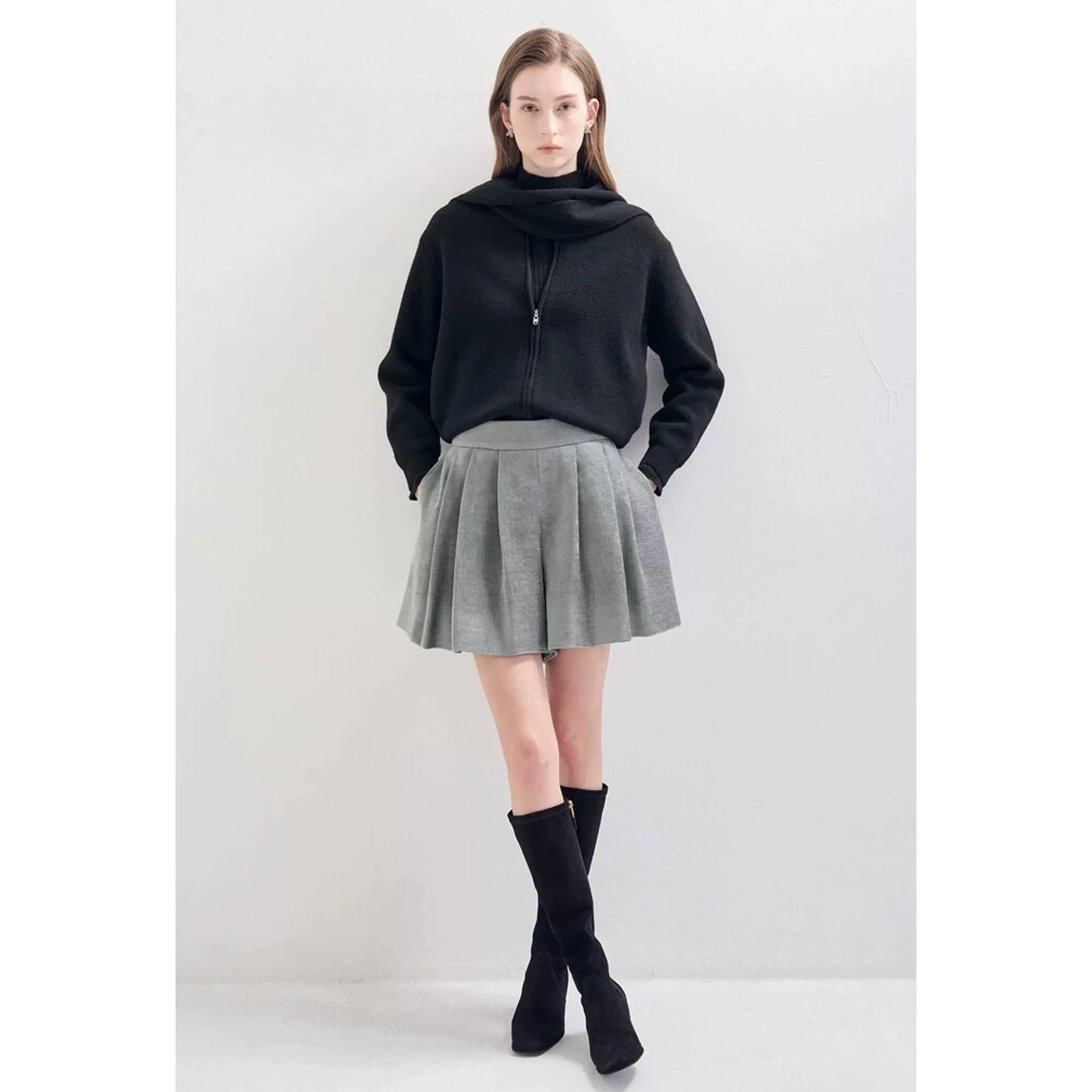 

LingYao LAN26 Spring Knitted Woolen Scarf Hat Integrated Slimming Open Cardigan Elegant Style Long Sleeve Zipper Closure