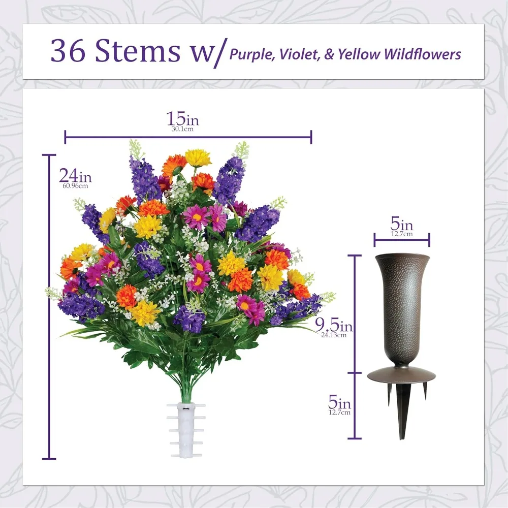 زهور برية مقبرة صناعية واقعية لتزيين القبر - زهور تذكارية غير منتفخة، سهلة التركيب، تدوم طويلاً