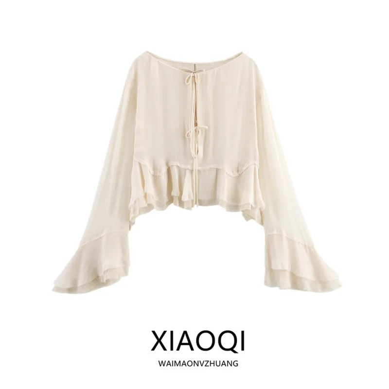 قميص نسائي فضفاض بأكمام جرس للربيع والصيف 2025، تصميم متعدد الاستخدامات، أنيق وعصري بأكمام طويلة، قميص أبيض