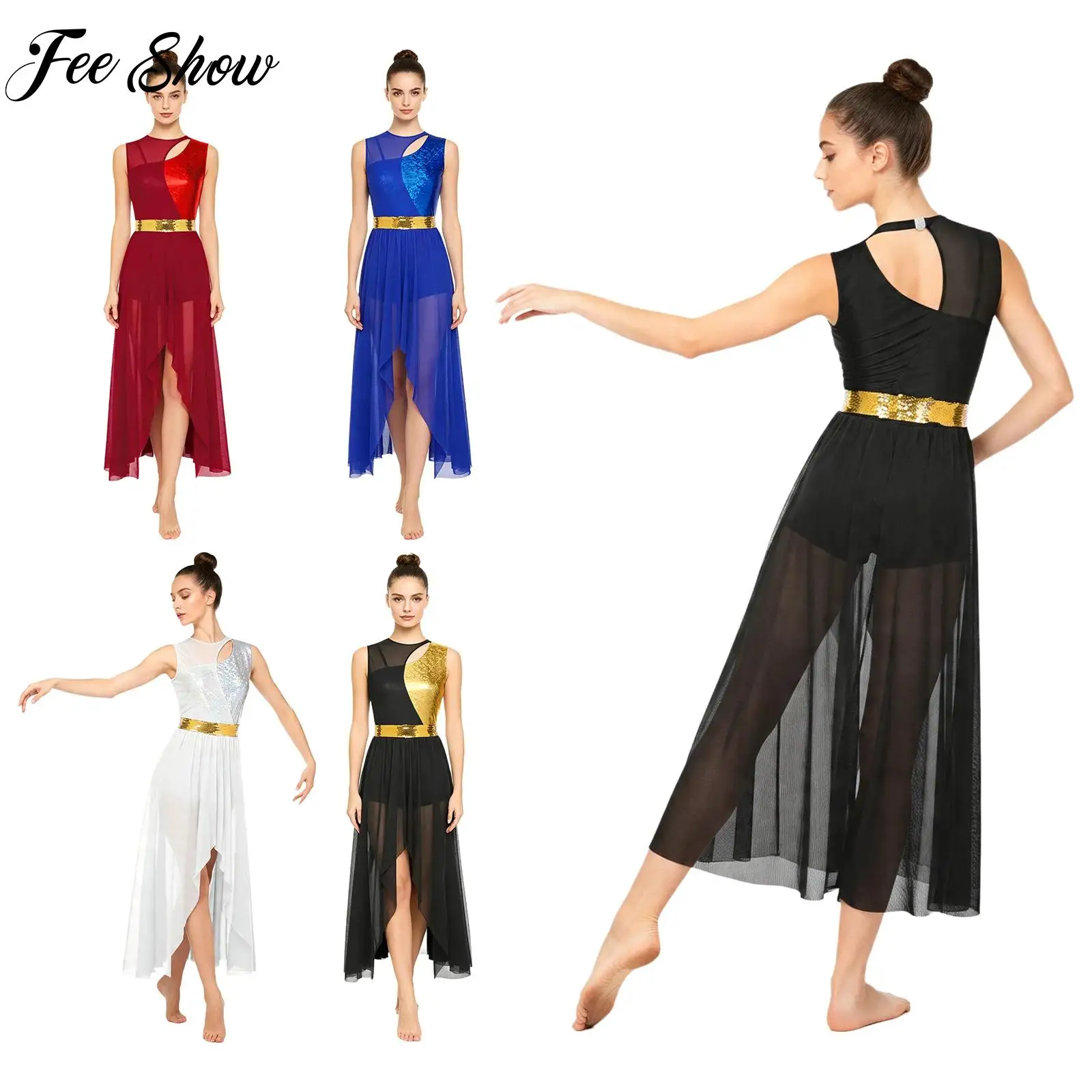 women-lyrical-dance-dress-sequined-waist-belt-metallic-shiny-irregular-mesh-hem-built-in-shorts-liturgical-worship-dancewear