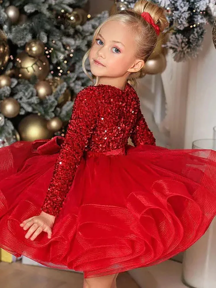 red velvet Flower Girl dress lovely tulle short skirt wedding kids pageant formal occasion party birthday Sequins evening gown