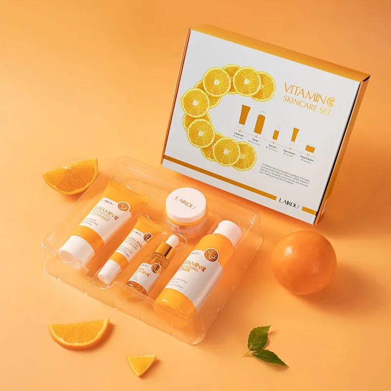 LAIKOU 5pcs Vitamin C 24K Gold Facial ​Refreshing Care Set Moisturizing Face Cleanser Eye Cream Essence VC Brightening Skin Care