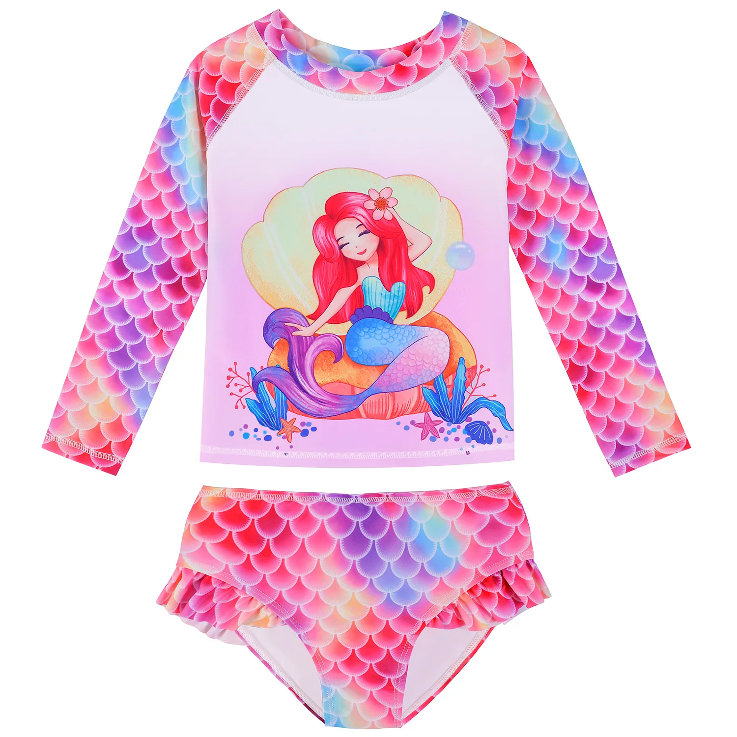 2-Piece Set Toddler Girls Summer Mermaid Scale Print Striped Bathing Suit Long Sleeve Children Swimwear Ruffled Bikini Bottoms