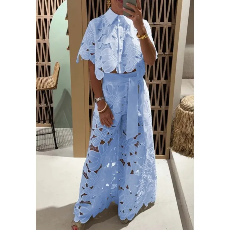 Women's Two-Piece Set Summer Solid Color Hollow Lace Shirt + Lace-Up Wide-Leg Pants Suit