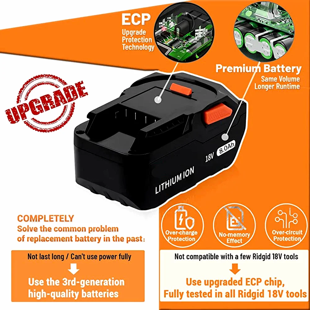 18V For AEG Battery 8.0AH Lithium Ion Battery for RIDGID R840087 R840085 L1815R L1850R L1830R R840083 Cordless Power Tool Series